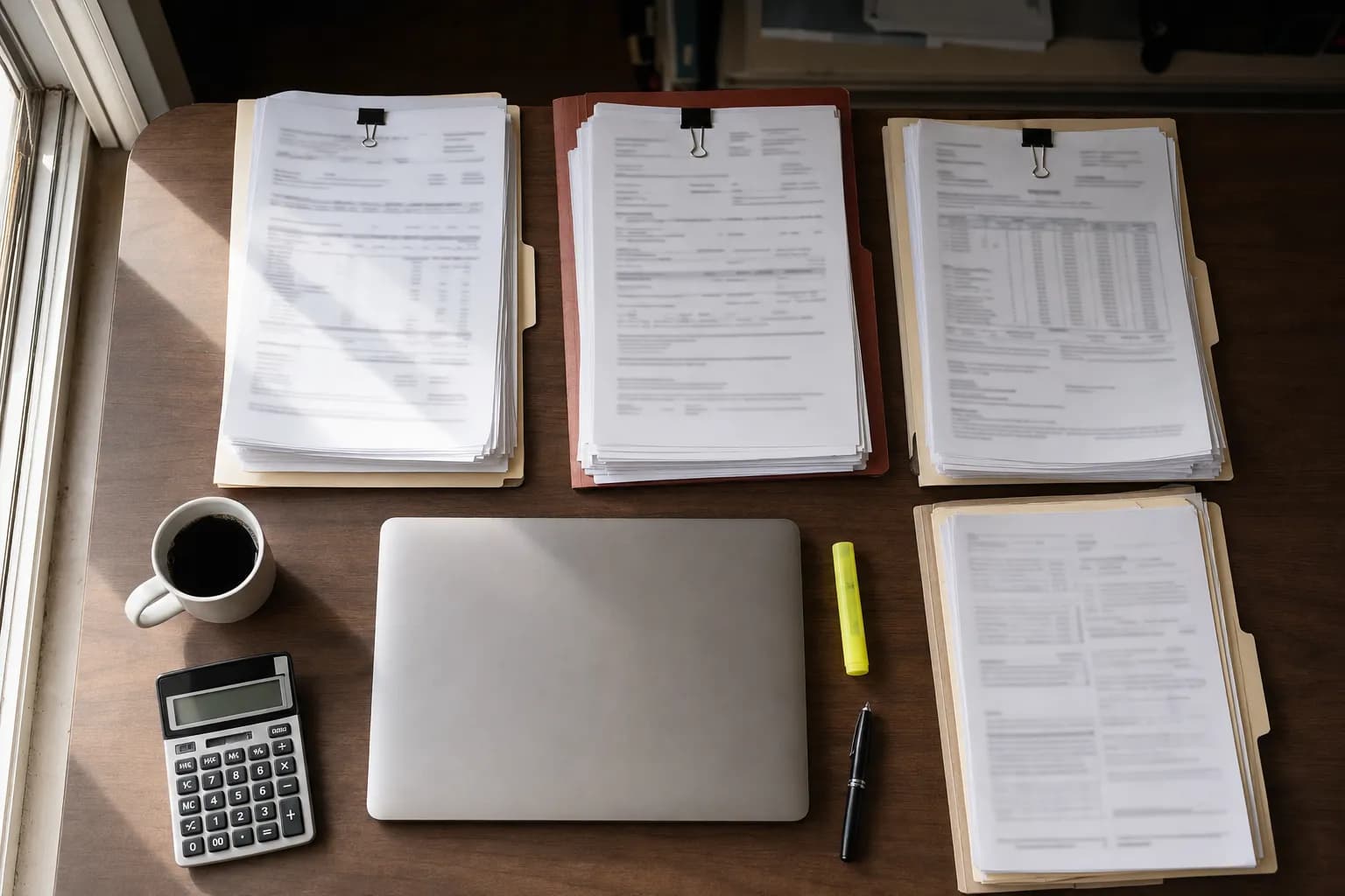 Freight paperwork sorted into folders on a desk, next to a laptop and calculator.