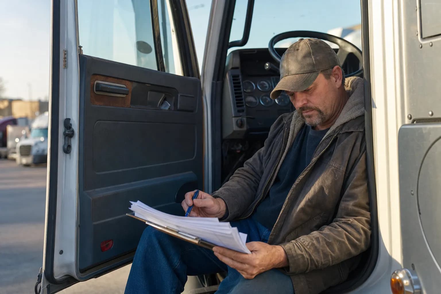 An owner-operator reviewing load paperwork in the open door of his truck cab.